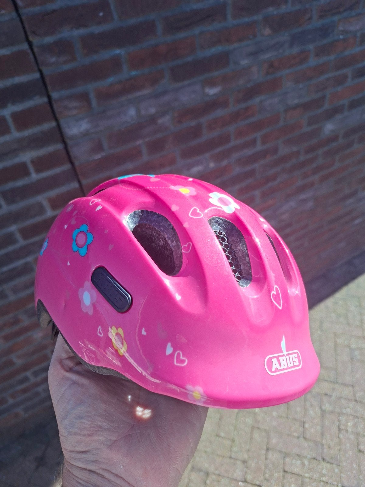 ABUS Kinderhelm ACK V2-T Maat S - Roze met Bloemen, Gebruikt, Meisje, ABUS, Ophalen
