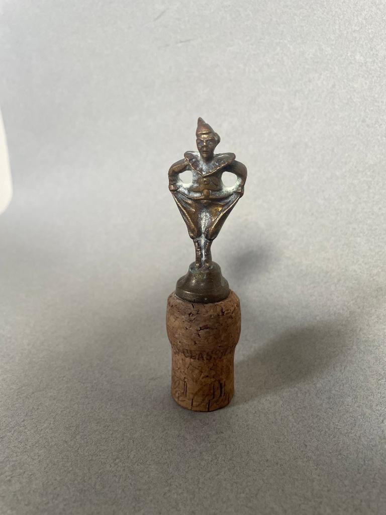 Antieke bronzen Clown/Pierrot  op flessenkurk, Ophalen of Verzenden
