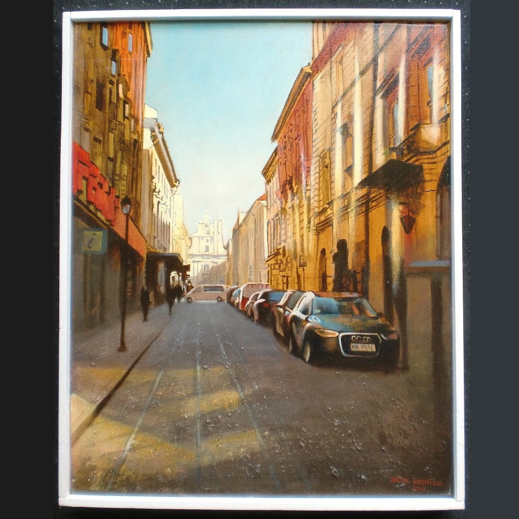 Jacek Łoziński 2019 – Straatje in Krakau, acrylverf 50x40 cm, Acrylverf, Ophalen of Verzenden, Handgeschilderd, Stadsgezicht