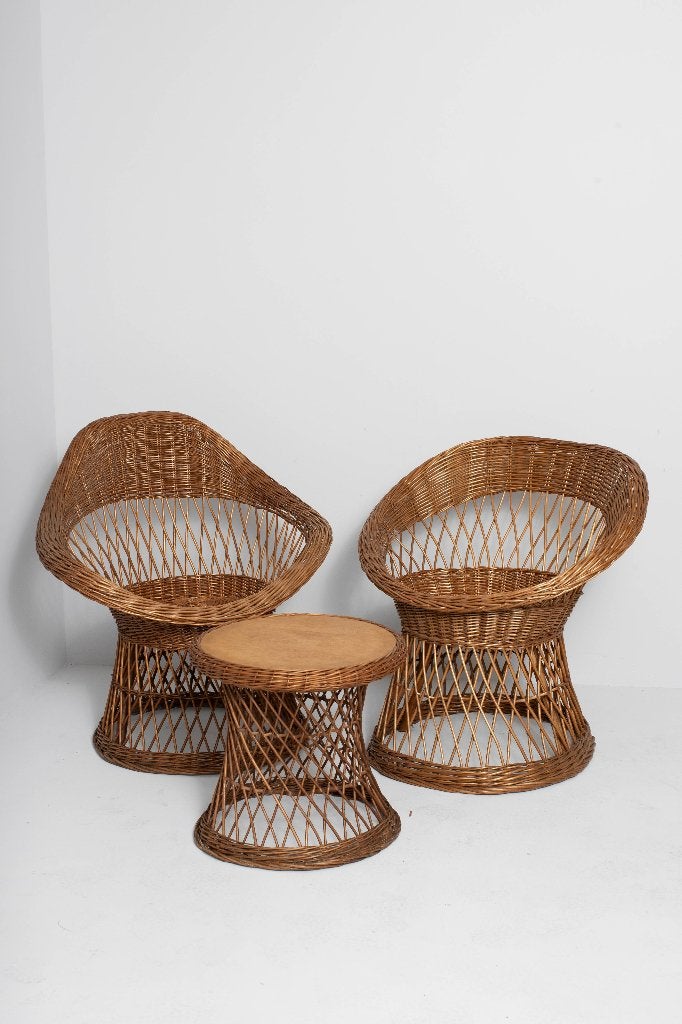 Vintage rotan lounge set - 2 fauteuil / bijzettafel, Antiek en Kunst, Ophalen