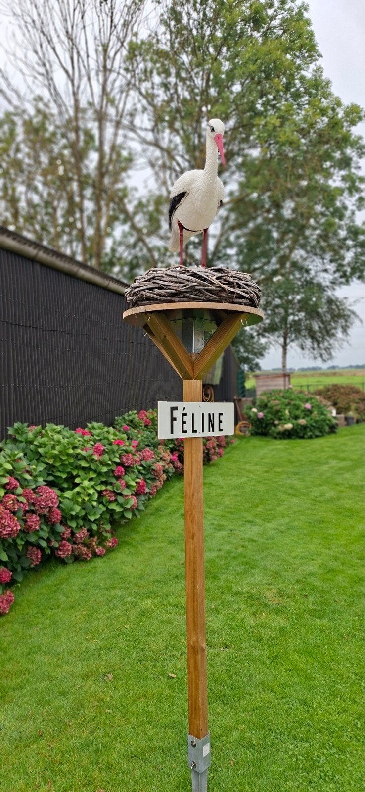 Geboorte ooievaar met nest en naambord - 290 cm hoog, Ophalen, Zo goed als nieuw, Geboortebord