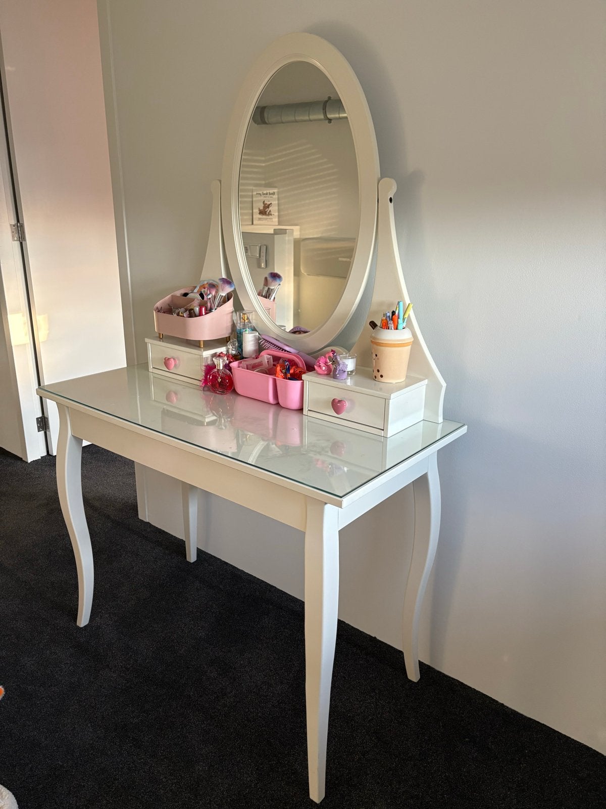Witte kaptafel met spiegel en lades, Ophalen, Gebruikt, Hout, 100 tot 150 cm