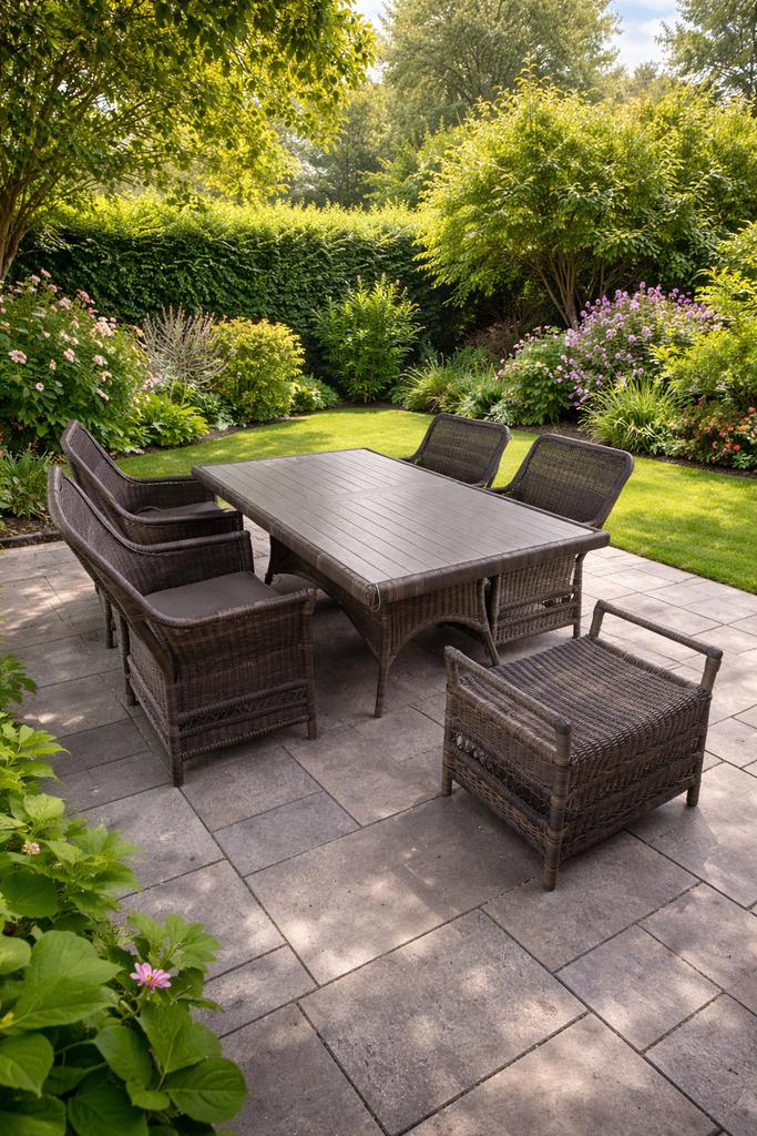 Wicker Tuinset met 4 Stoelen en Tafel en hocker, Ophalen, Gebruikt, Eettafel, 6 zitplaatsen