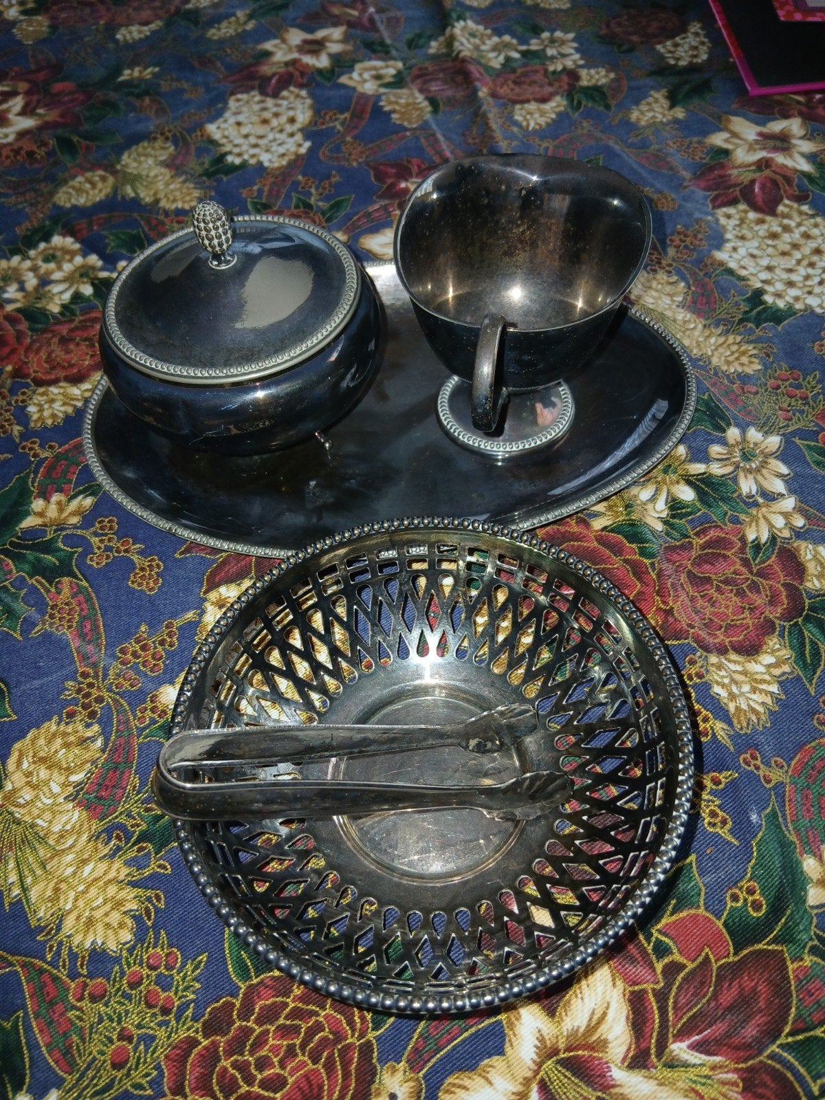 Antieke verzilverde theeset met dienblad en mand, Ophalen of Verzenden, Zilver