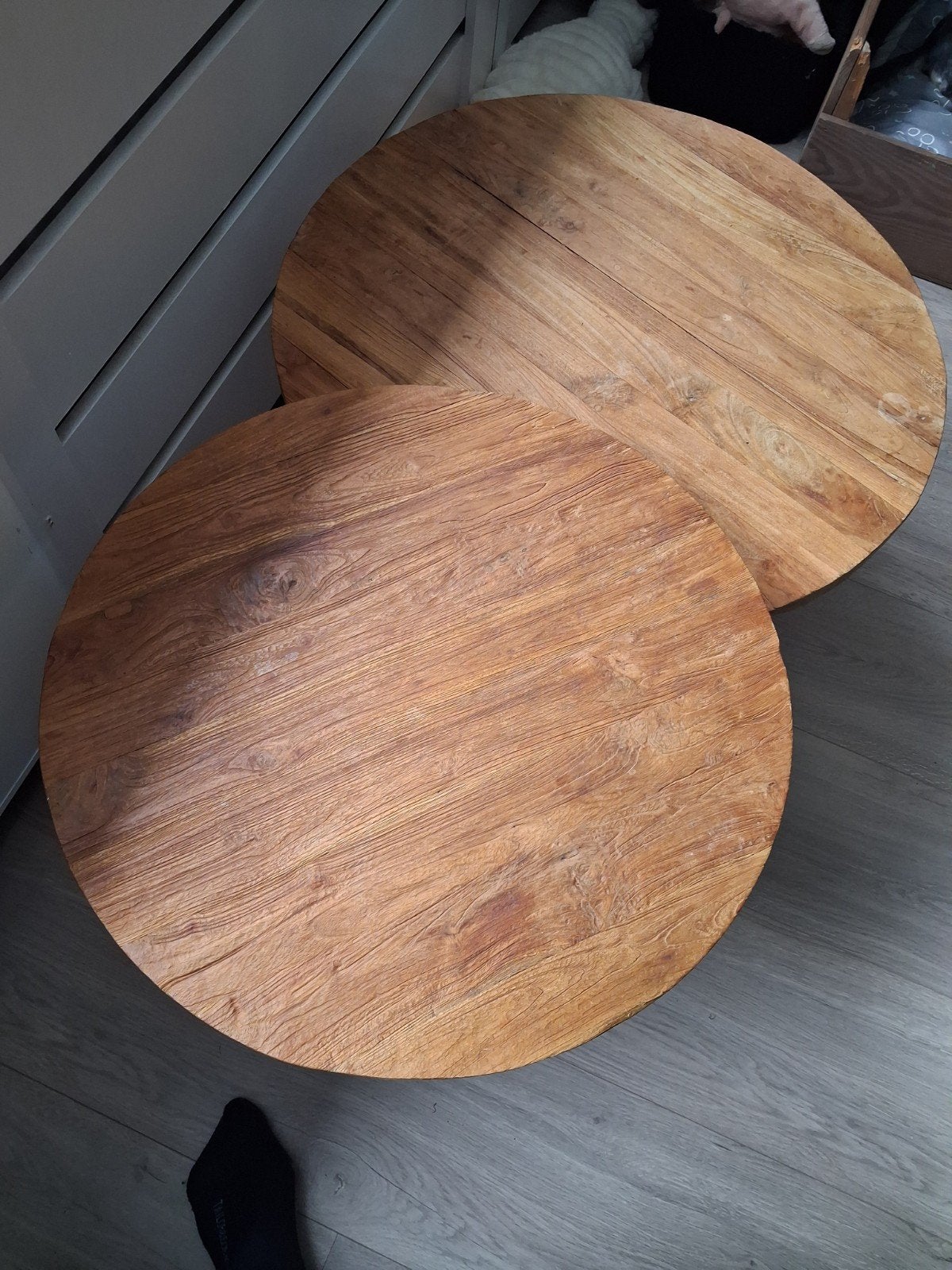 2 mangohouten salontafels, Ophalen, 50 tot 100 cm, Rond, 50 tot 100 cm