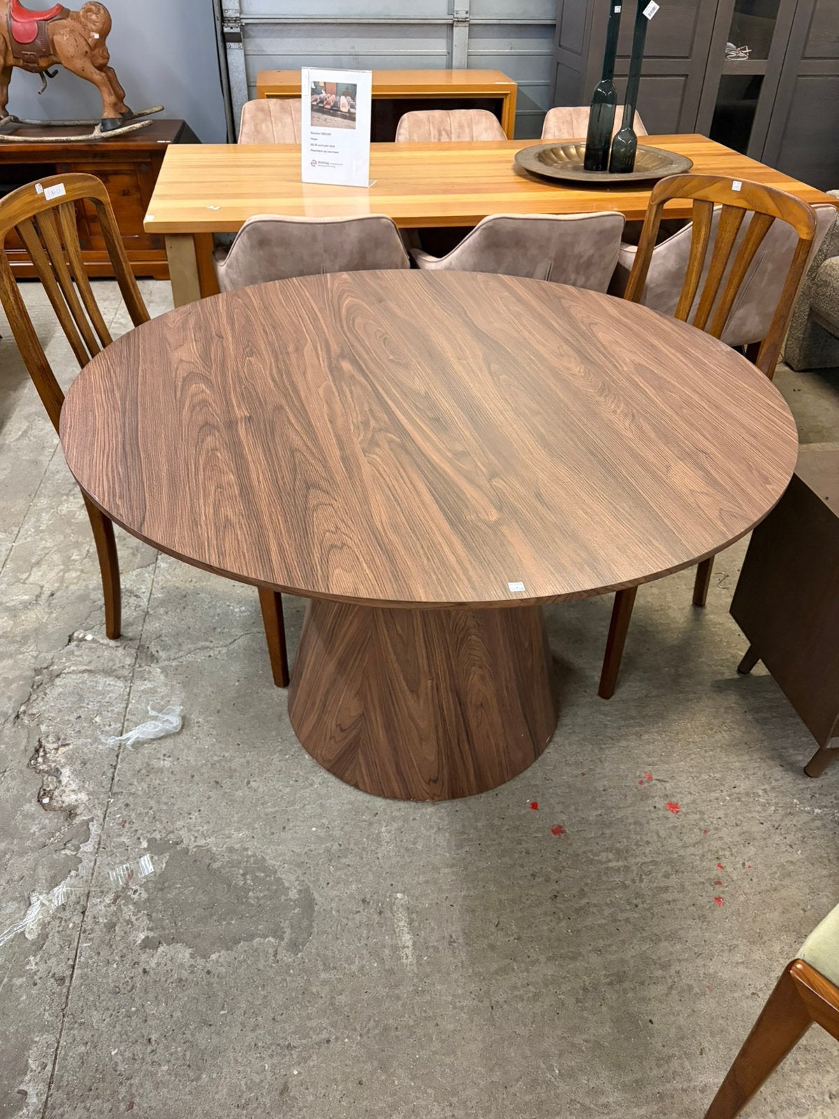 Ronde eettafel 120x76cm walnootfineer met een kegelpoot, Ophalen, 100 tot 150 cm, ., Rond