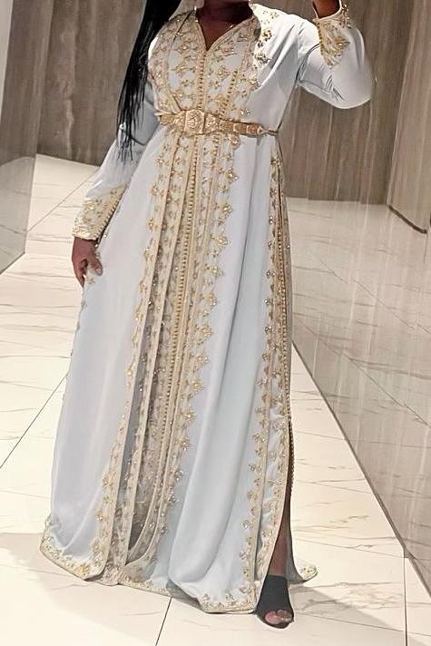 Elegante Kaftan Jurk - Lichtblauw met Gouden Borduurwerk, Ophalen of Verzenden, Zo goed als nieuw