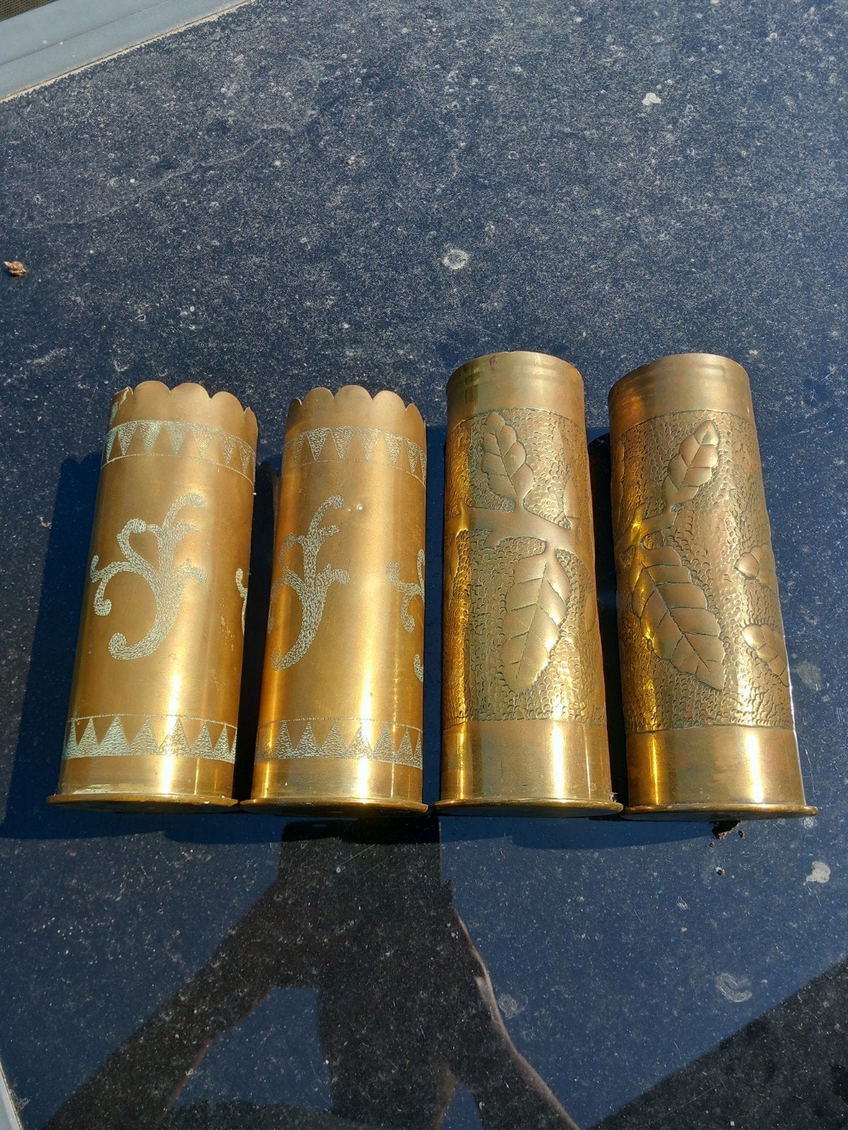 2 koppels lege Duitse gesculpteerde 7,7cm Hulzen WO1, Verzamelen, Militaria | Algemeen, Ophalen of Verzenden, Landmacht, Duitsland