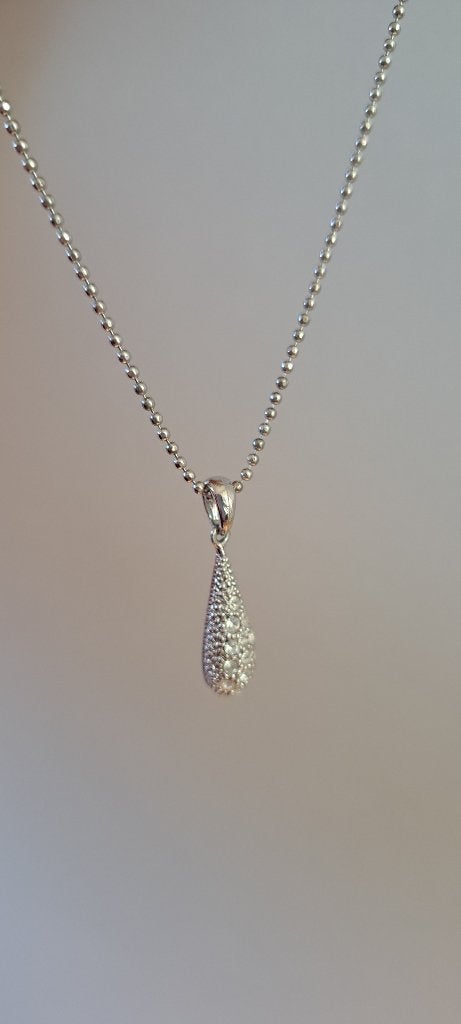 Prachtige bolletjesketting met pave druppel hanger (40 cm), Glas of Kristal, Ophalen of Verzenden, Zo goed als nieuw, Zilver
