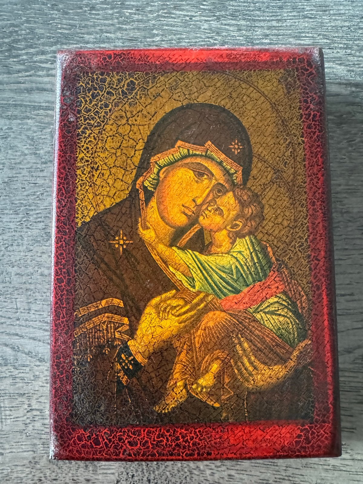 Antieke Icoon Moeder Maria met Kind - Handgeschilderd, Antiek en Kunst, Antiek | Religie, Ophalen of Verzenden