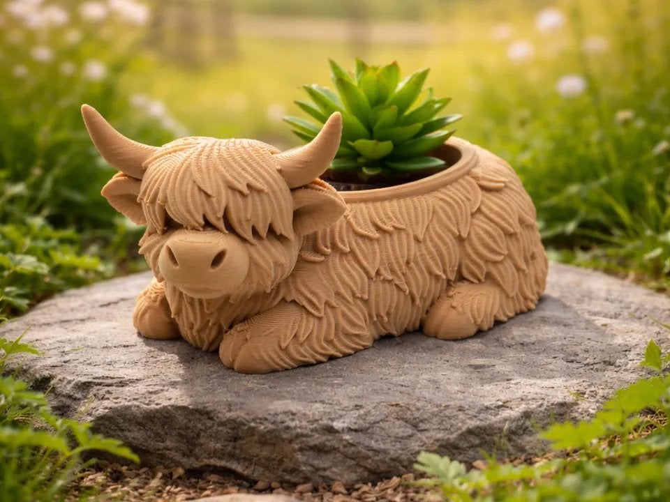 Schattige Hooglander Plantenpot - Decoratieve Bloempot, Tuin en Terras, Bloempotten, Overige materialen, C, Ophalen of Verzenden