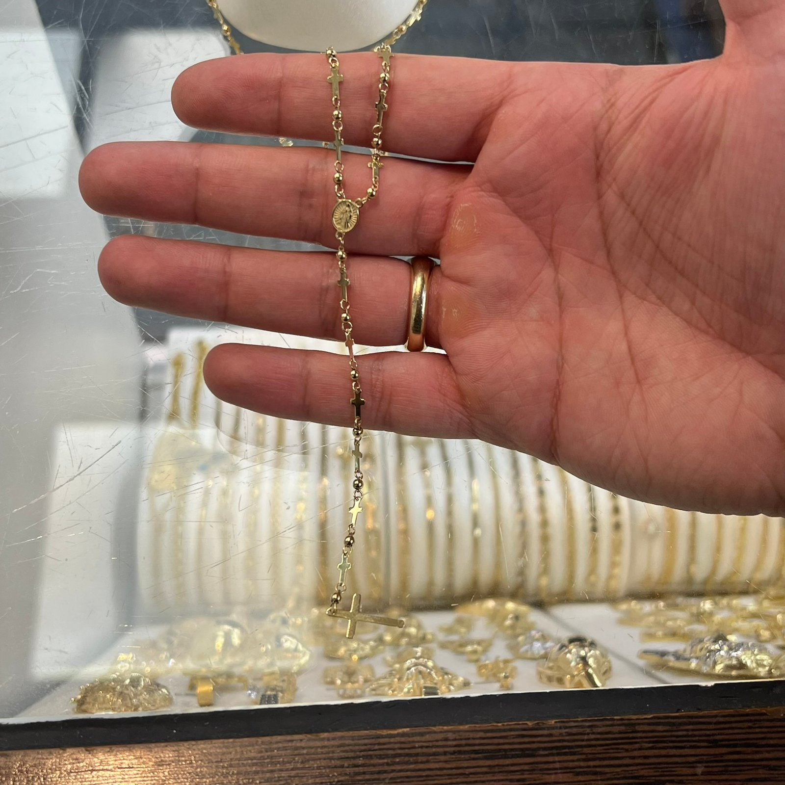 14k gouden rozenkrans ketting prachtig kruis schakel, Ophalen of Verzenden, Nieuw, Overige kleuren, Goud