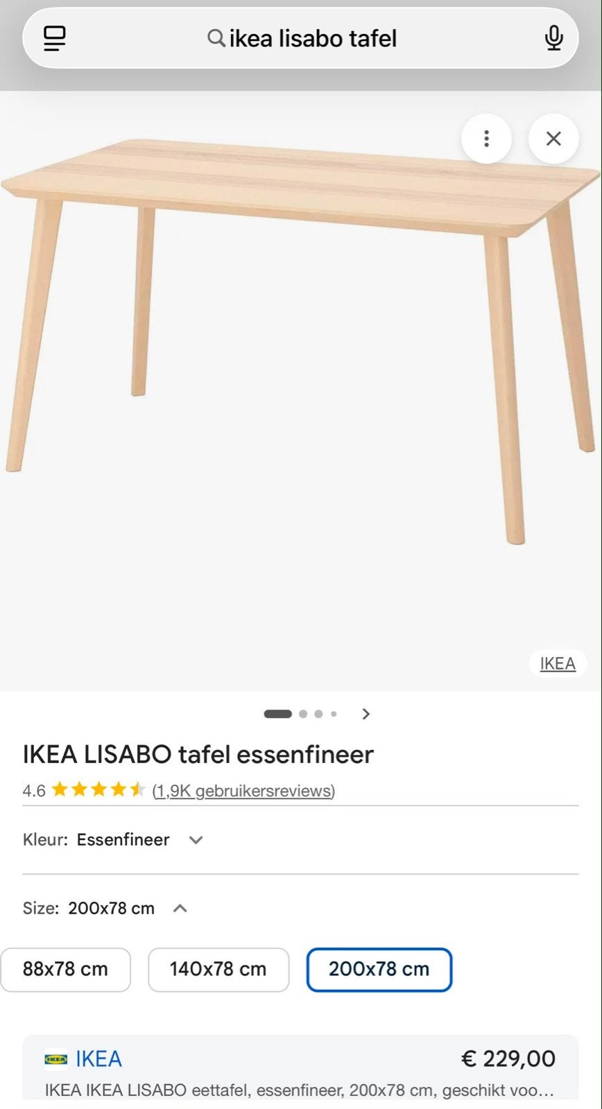 IKEA LISABO eettafel, essenfineer, 200x78 cm, Ophalen, 200 cm of meer, 50 tot 100 cm, Zo goed als nieuw