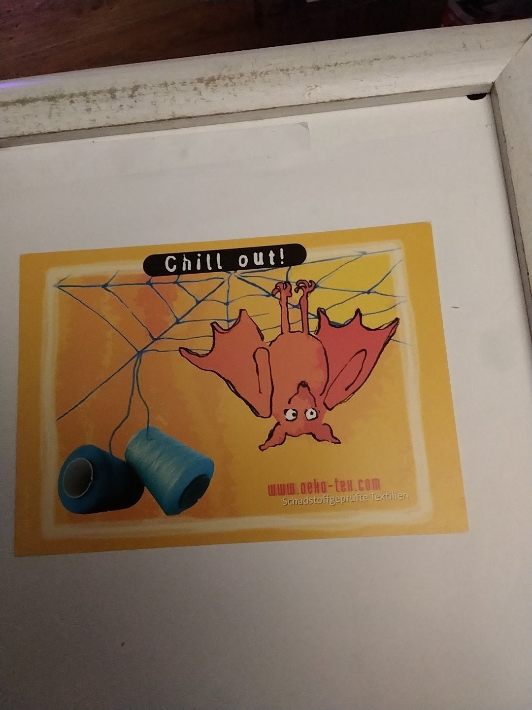 Ansichtkaart 'Chill out!' met vleermuis en garen, Ophalen of Verzenden, 1980 tot heden, Ongelopen, Overige thema's