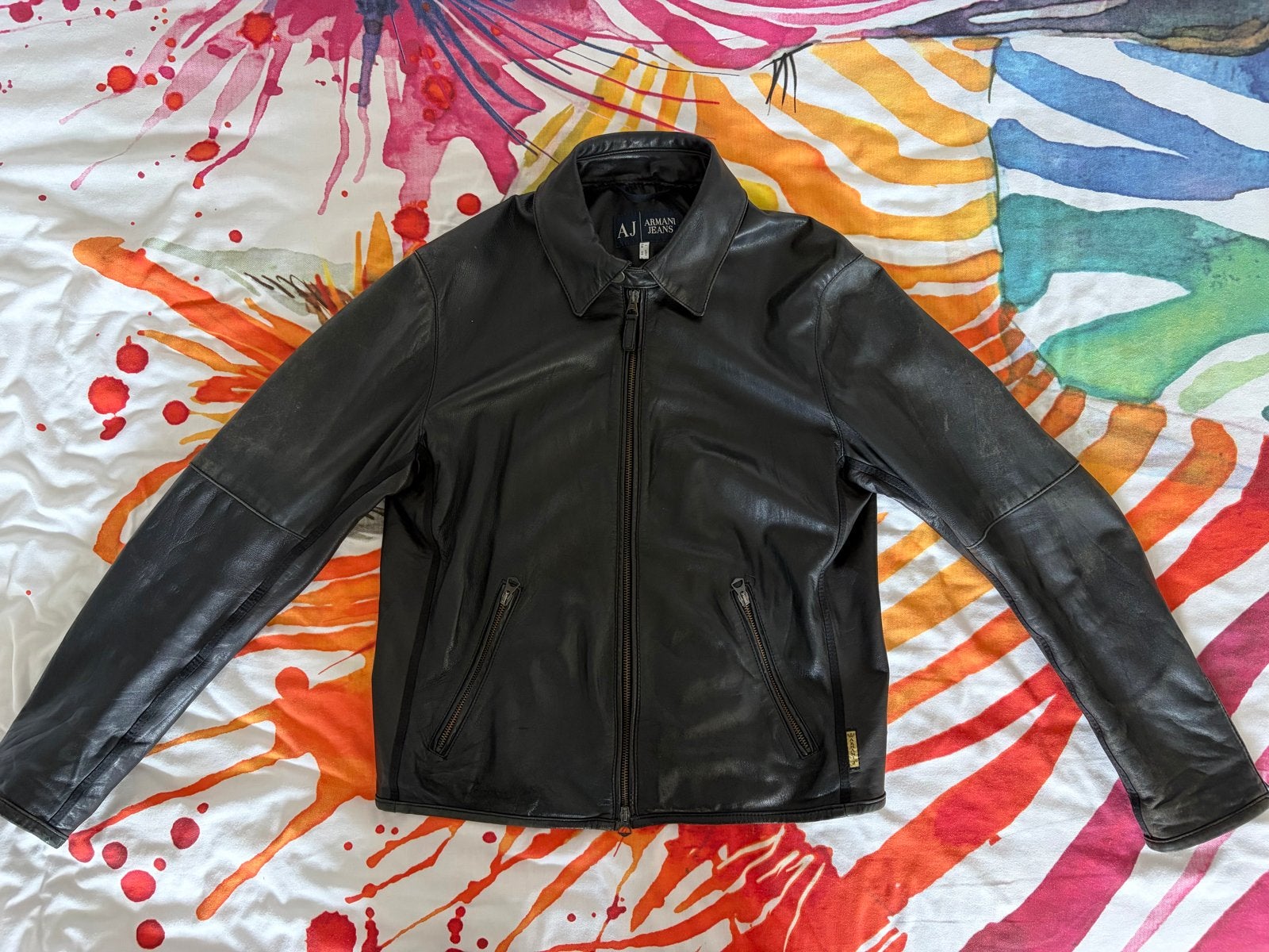 Armani Jeans Leren Jas Maat S met Ritsen en Binnenzak, Armani Jeans, Zwart, Ophalen of Verzenden, Gedragen