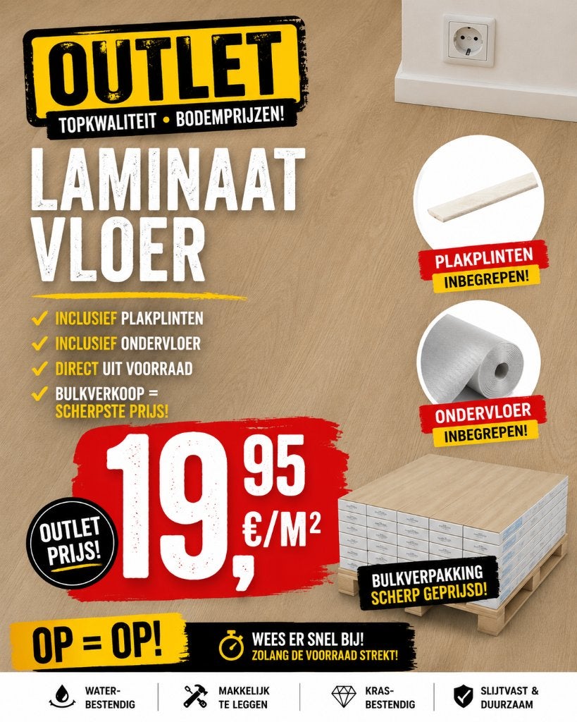 Laminaat beige eiken. Gratis ondervloer en plakplinten, Jouw vloerenspecialist, Info@jouwvloerenspecialist.nl, Beige, Nieuw