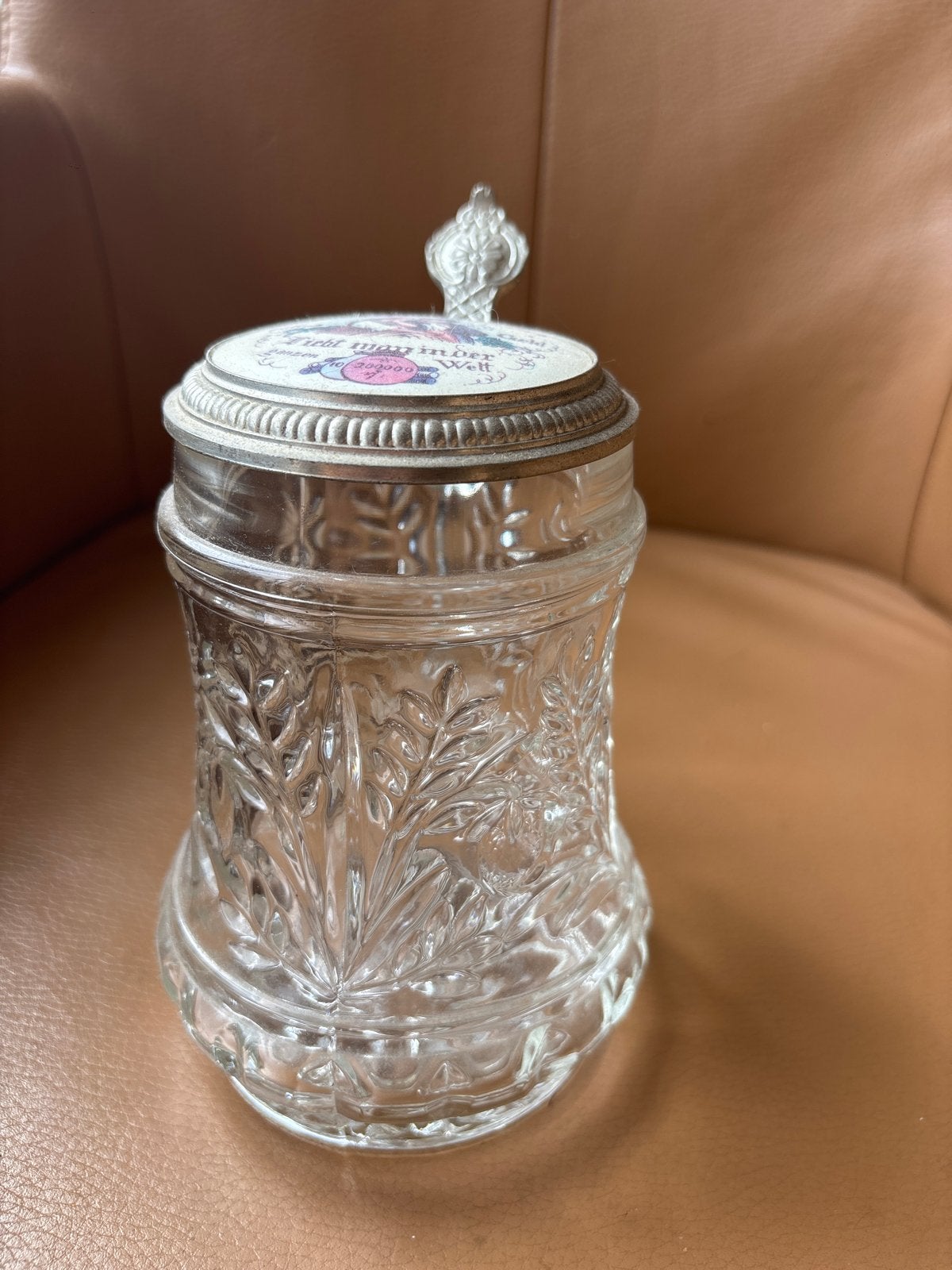 Vintage Duitse bierpul van glas met tinnen deksel, Ophalen of Verzenden