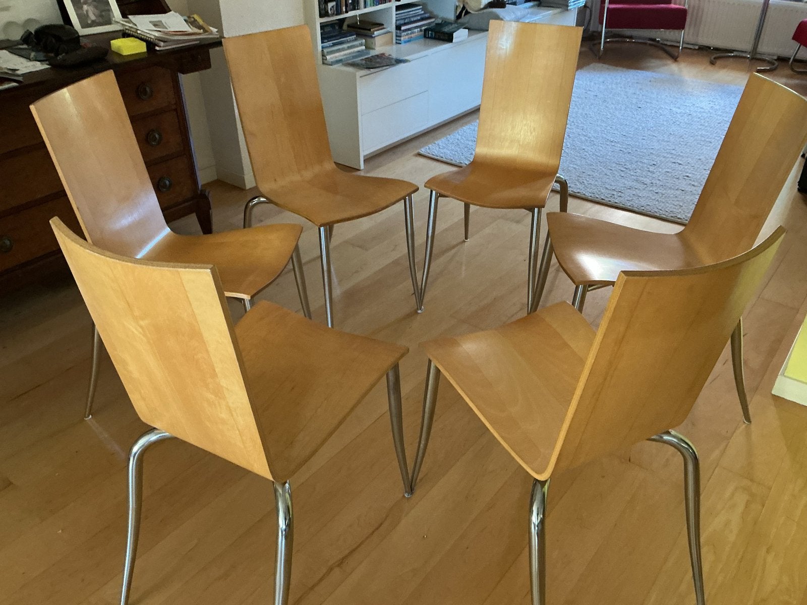 Design stoelen van Olly Tango met chroom onderstel, Ophalen, Gebruikt, Overige kleuren, Vijf, Zes of meer stoelen