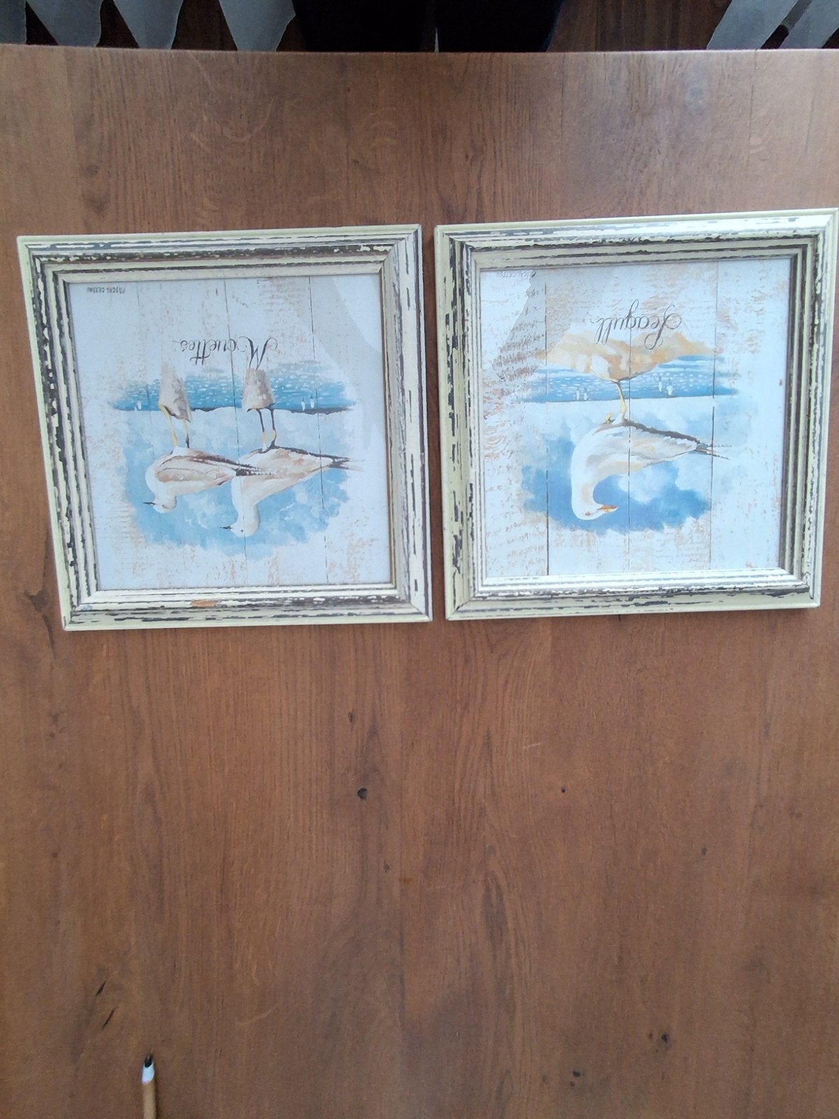 PASCAL CESSOU - 2 reproducties met meeuwen  brocante style, Ophalen of Verzenden, Hout