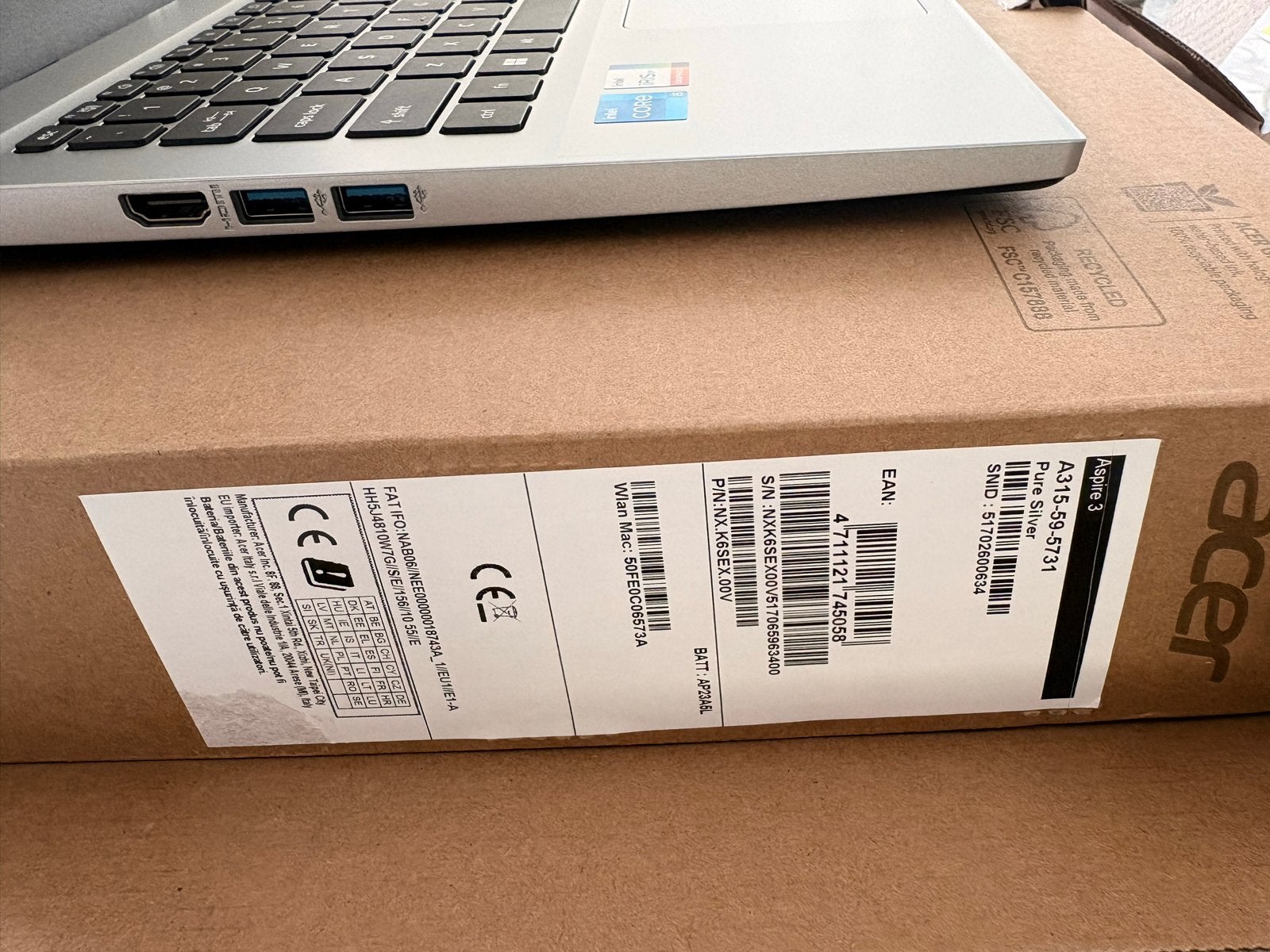 Acer Aspire 3 A315-59-5731 Laptop - Nieuwstaat, 2 tot 3 Ghz, Nieuw, Ophalen of Verzenden, SSD