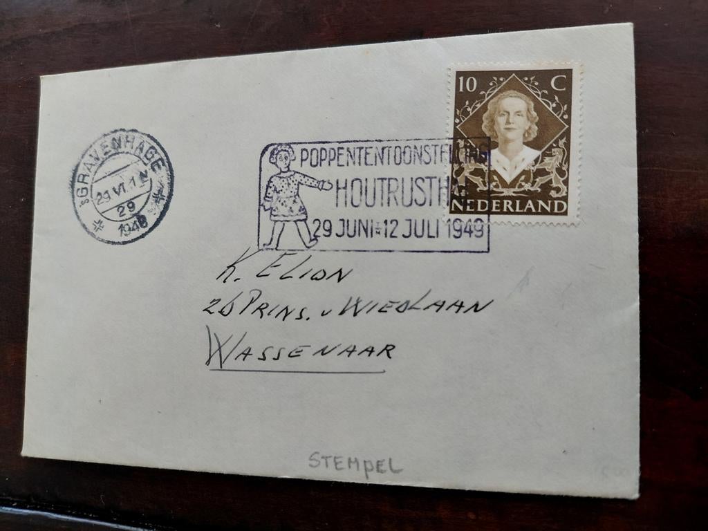 Envelop stempel POPPENTENTOONSTELLING HOUTRUST 29.6.1949, Ophalen of Verzenden, Envelop
