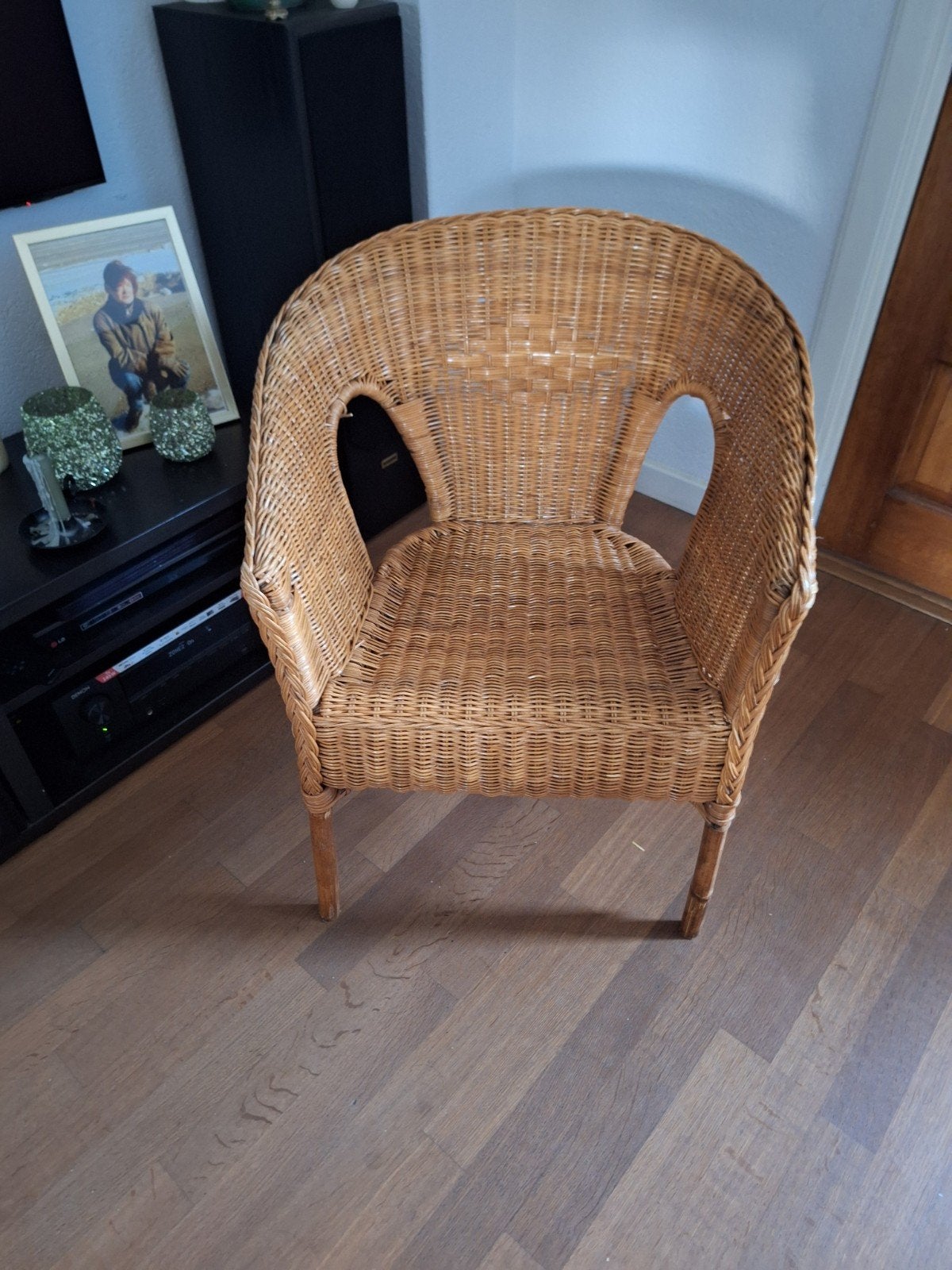 Rotan stoel - Vintage rieten fauteuil, Ophalen, Gebruikt, Bruin, Riet of Rotan