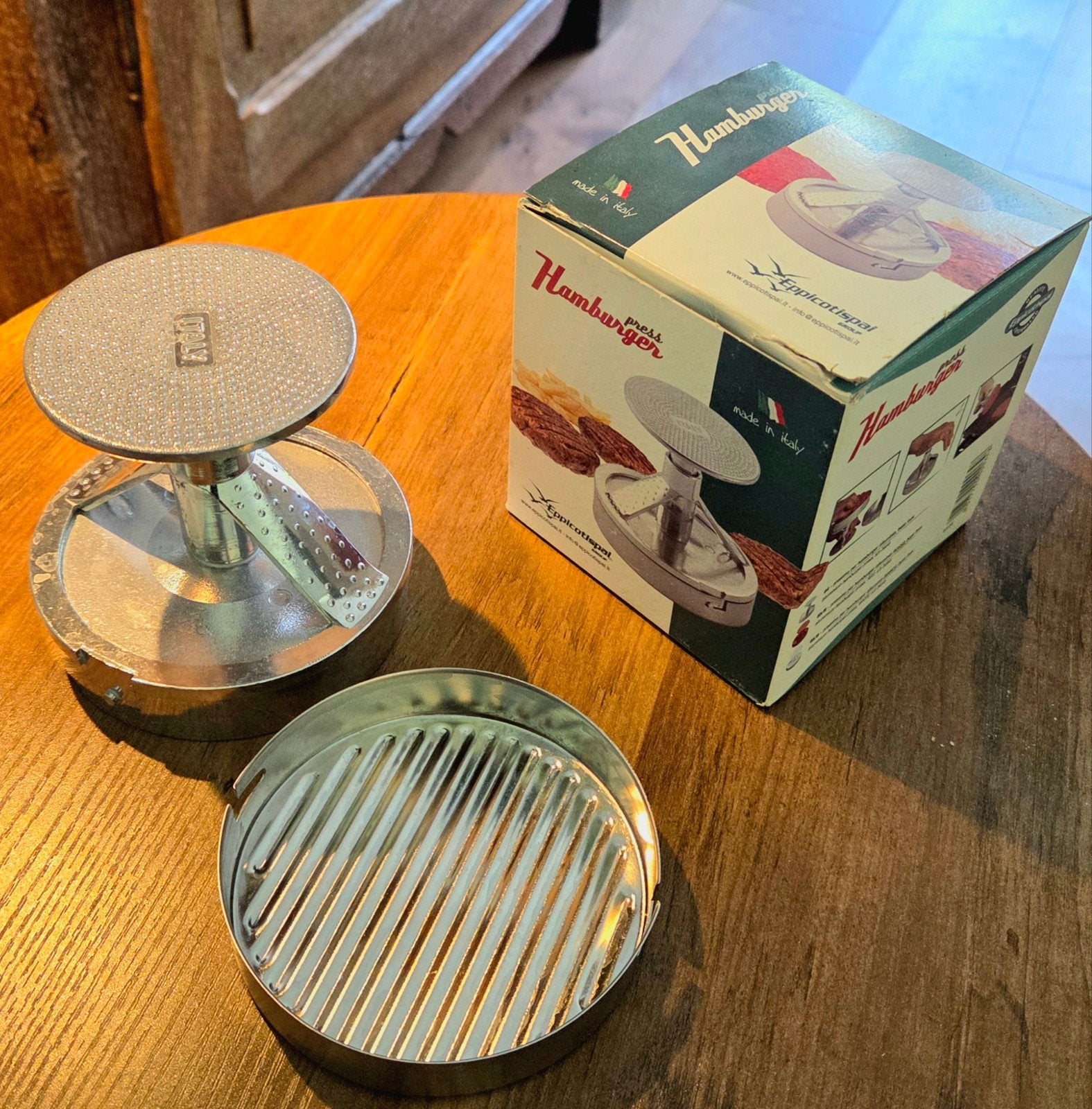 Hamburgerpers van Eppicotispai voor perfecte hamburgers!, Zilver, Ophalen of Verzenden, Metaal, Overige typen