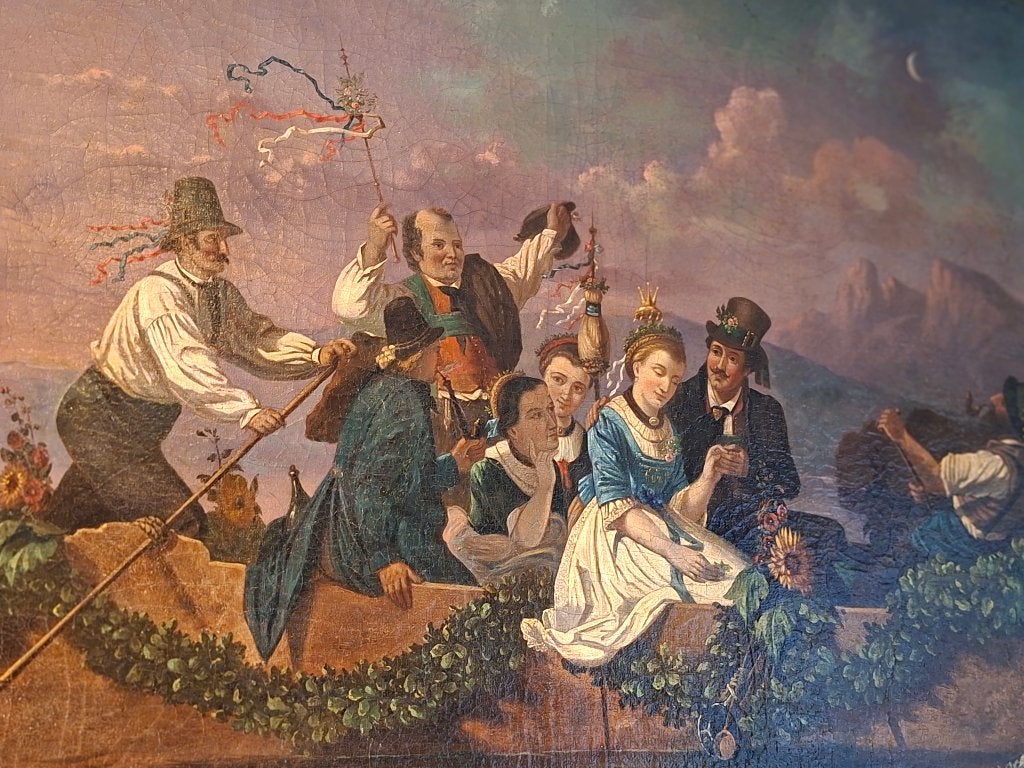 antiek schilderij Bruiloft met feestgangers op bootjes., Antiek en Kunst, Ophalen, Overige stijlen, Doek, Gedateerd