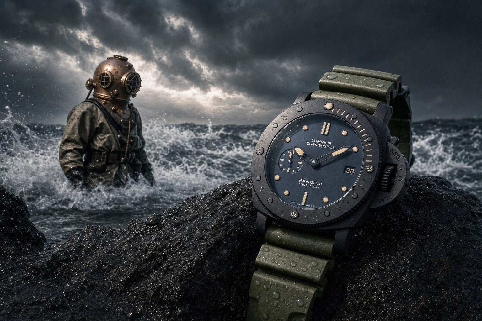 Panerai Submersible PAM00508 CERAMIC limited, Overige merken, Overige materialen, Leer, Polshorloge