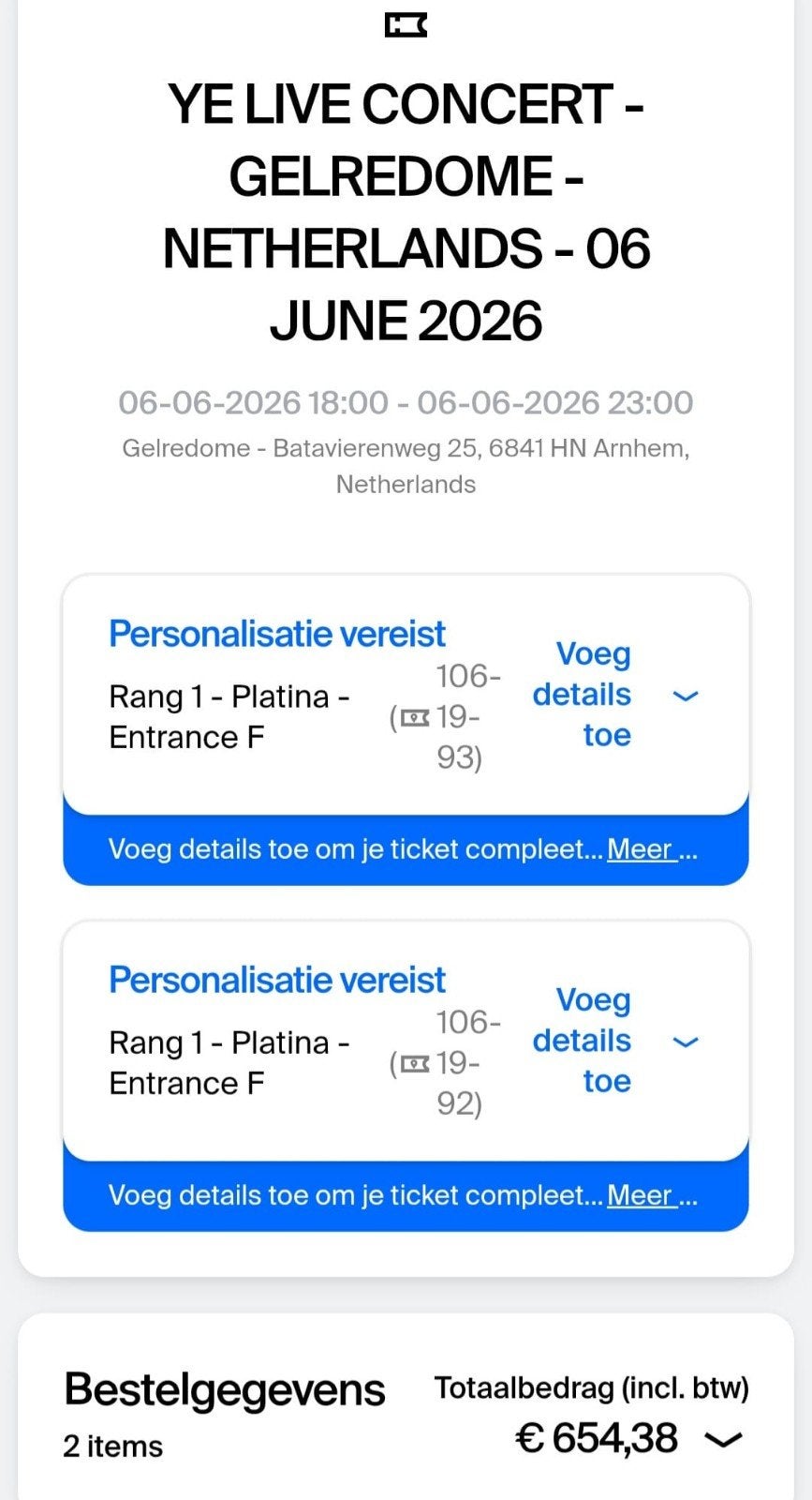 2x Rang 1 Platinum Kanye West tickets 6 Juni Gelredome, Tickets en Kaartjes, Twee personen, Juni