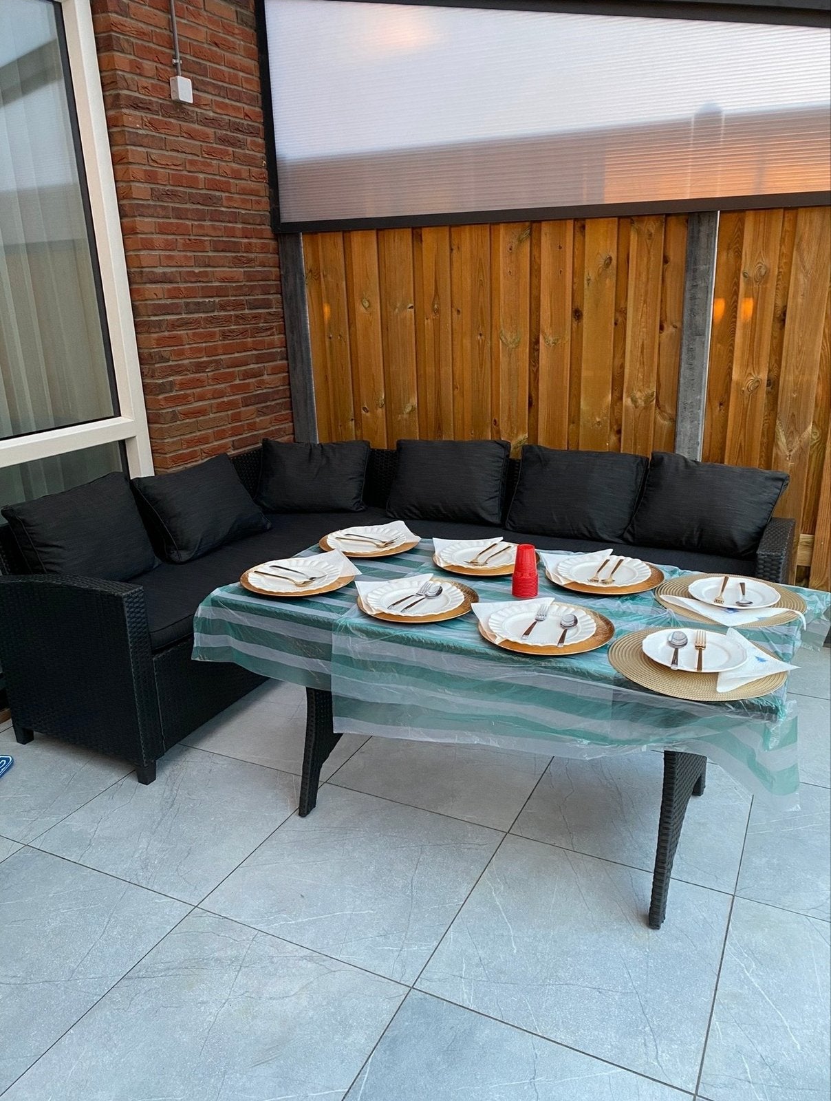 Zwarte 6-persoons loungeset met luxe kussens, Ophalen, 6 zitplaatsen, Zo goed als nieuw, Loungeset