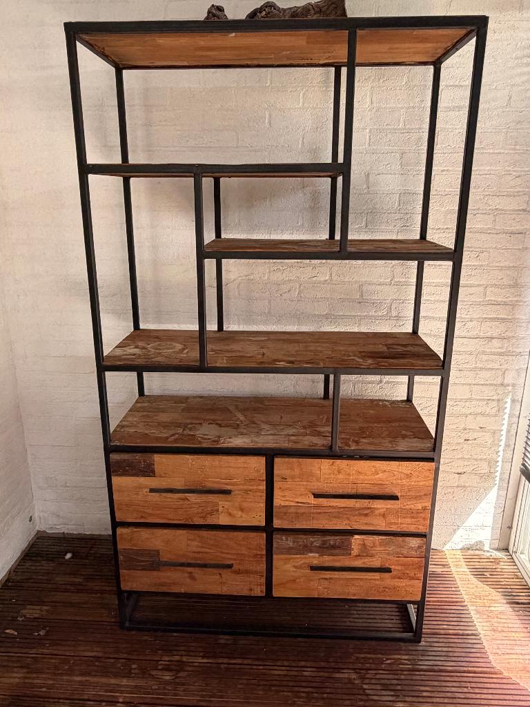 Stoere industriële kast – mangohout & staal | Eijerkamp, Gebruikt, 100 tot 150 cm, Met lade(s), 25 tot 50 cm
