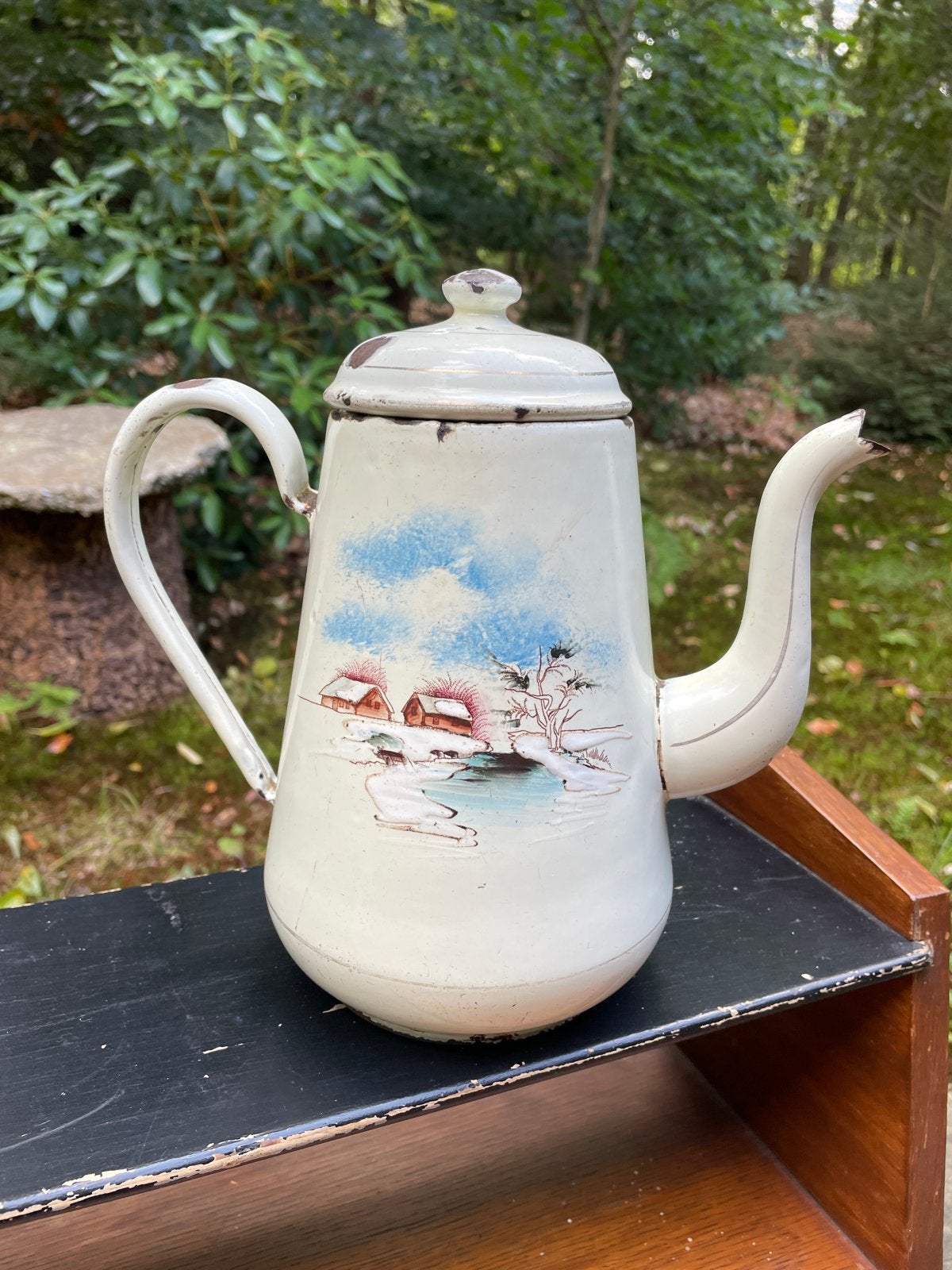 Vintage Emaille Koffiepot met Winterlandschap Decoratie, Ophalen of Verzenden