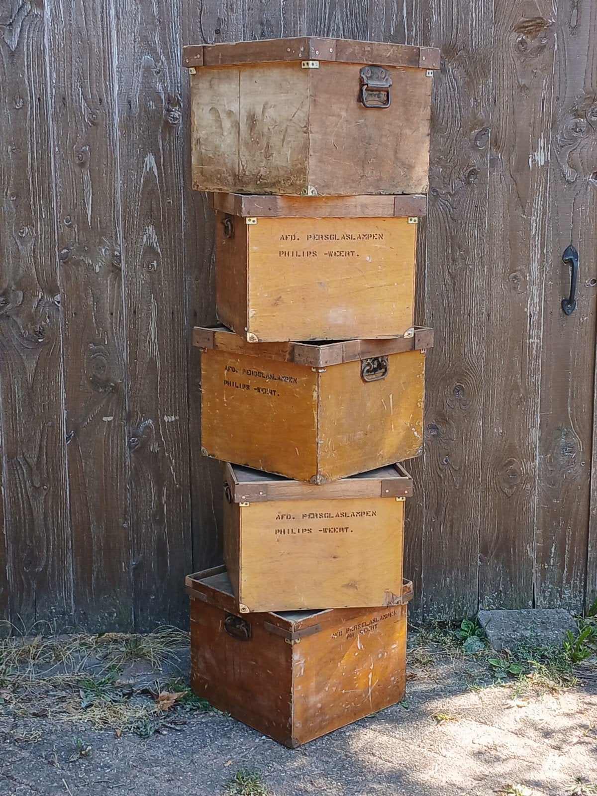 Vintage houten kisten Philips Weert - Set van 5, Doe-het-zelf en Verbouw, Kratten en Dozen, Gebruikt, 40 tot 60 cm, 50 tot 75 cm