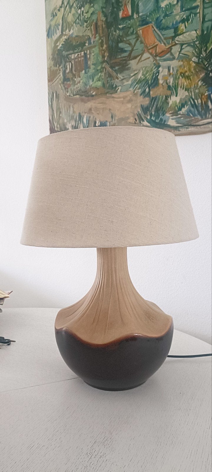 Vintage Pan tafellamp met keramische voet en stoffen kap, Ophalen, Gebruikt, Vintage, Klassiek, Modern, Minder dan 50 cm