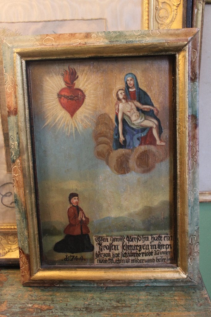 Antieke franse 18e eeuwse ex voto religieuze kunst paneel, Ophalen of Verzenden