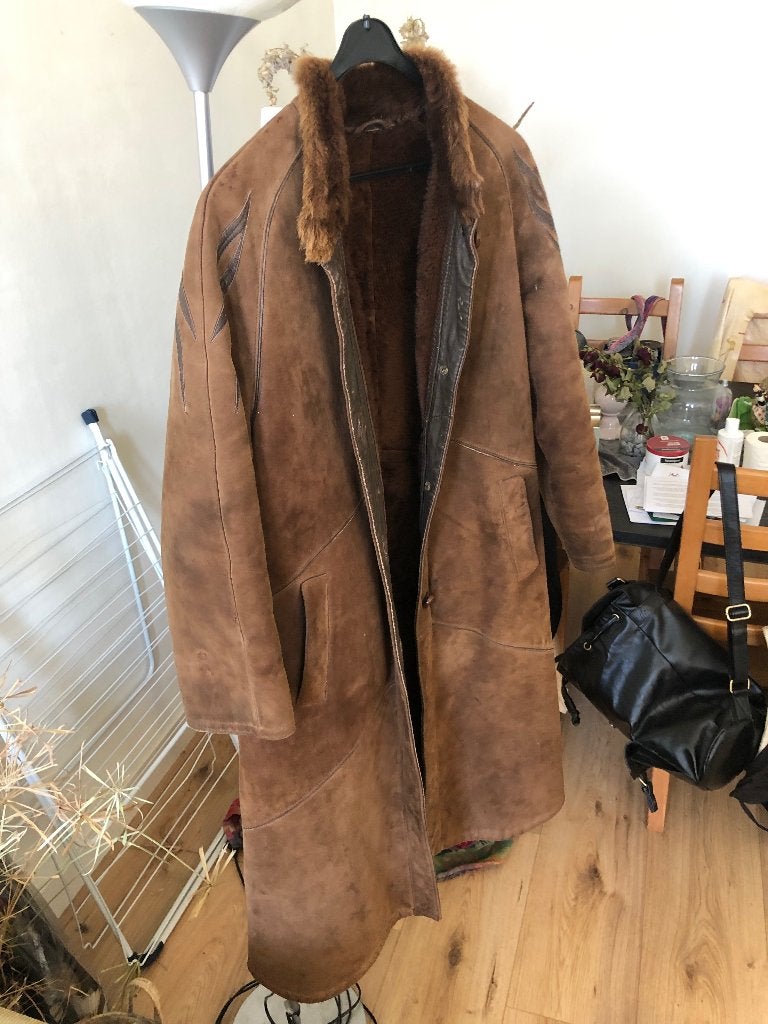 Dames leren vintage 'hippie' jas met bontkraag, Maat 38/40 (M), Bruin, Ophalen of Verzenden, Onbekend