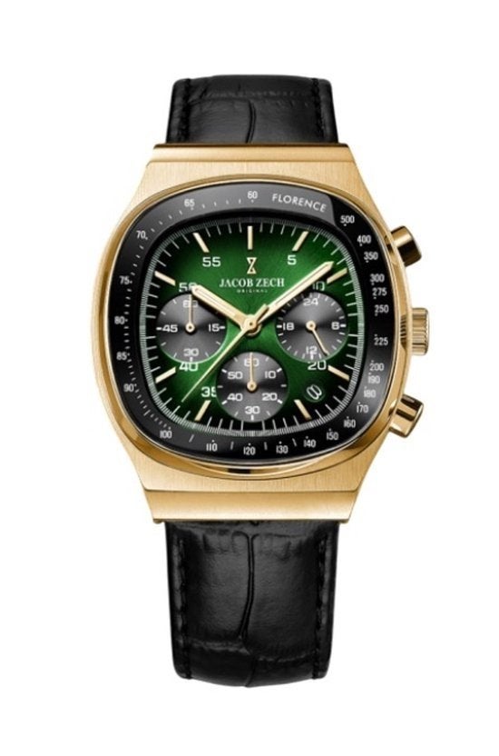 Jacob Zech Florence Chronograaf Goud Groen Herenhorloge, Ophalen of Verzenden