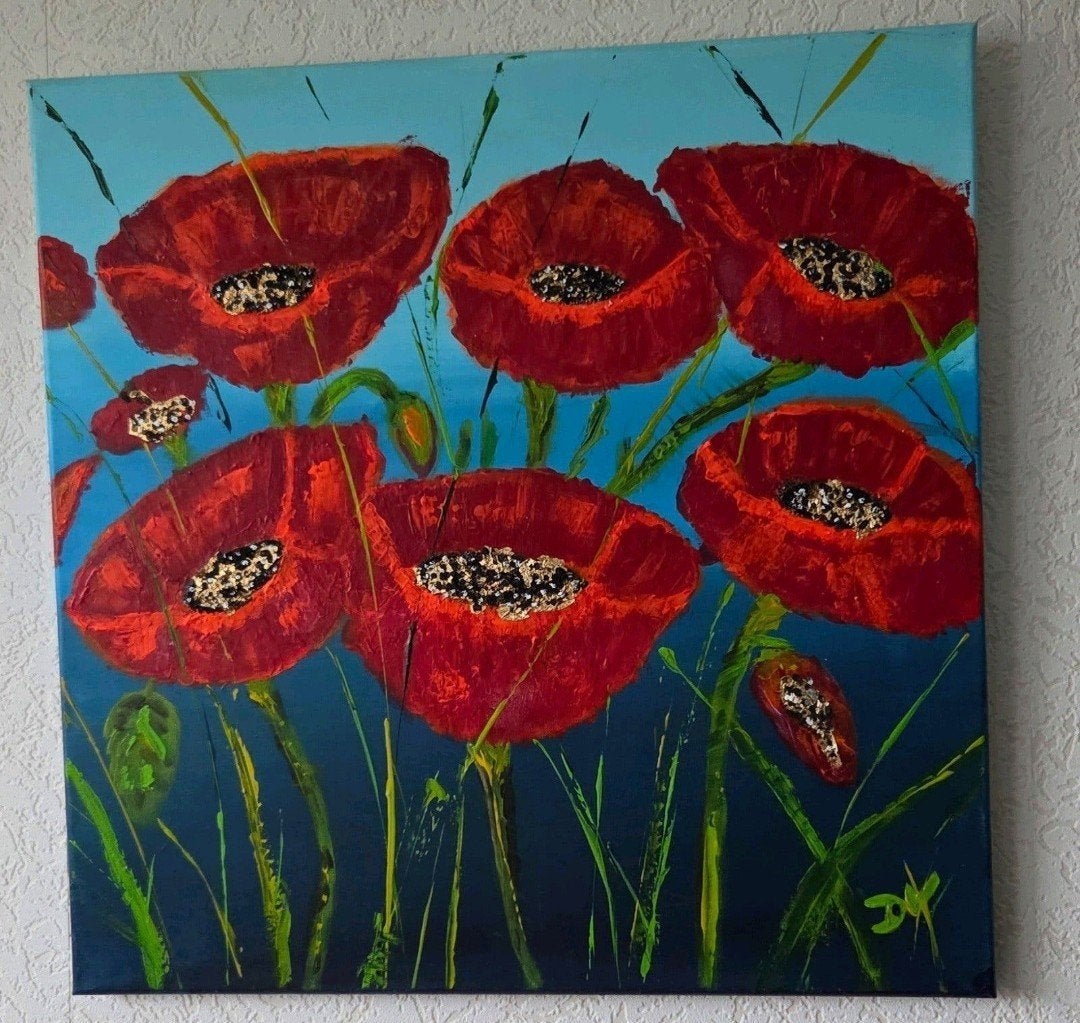 Handgemaakt schilderij: Levendige rode klaprozen 50x50 cm, Ophalen