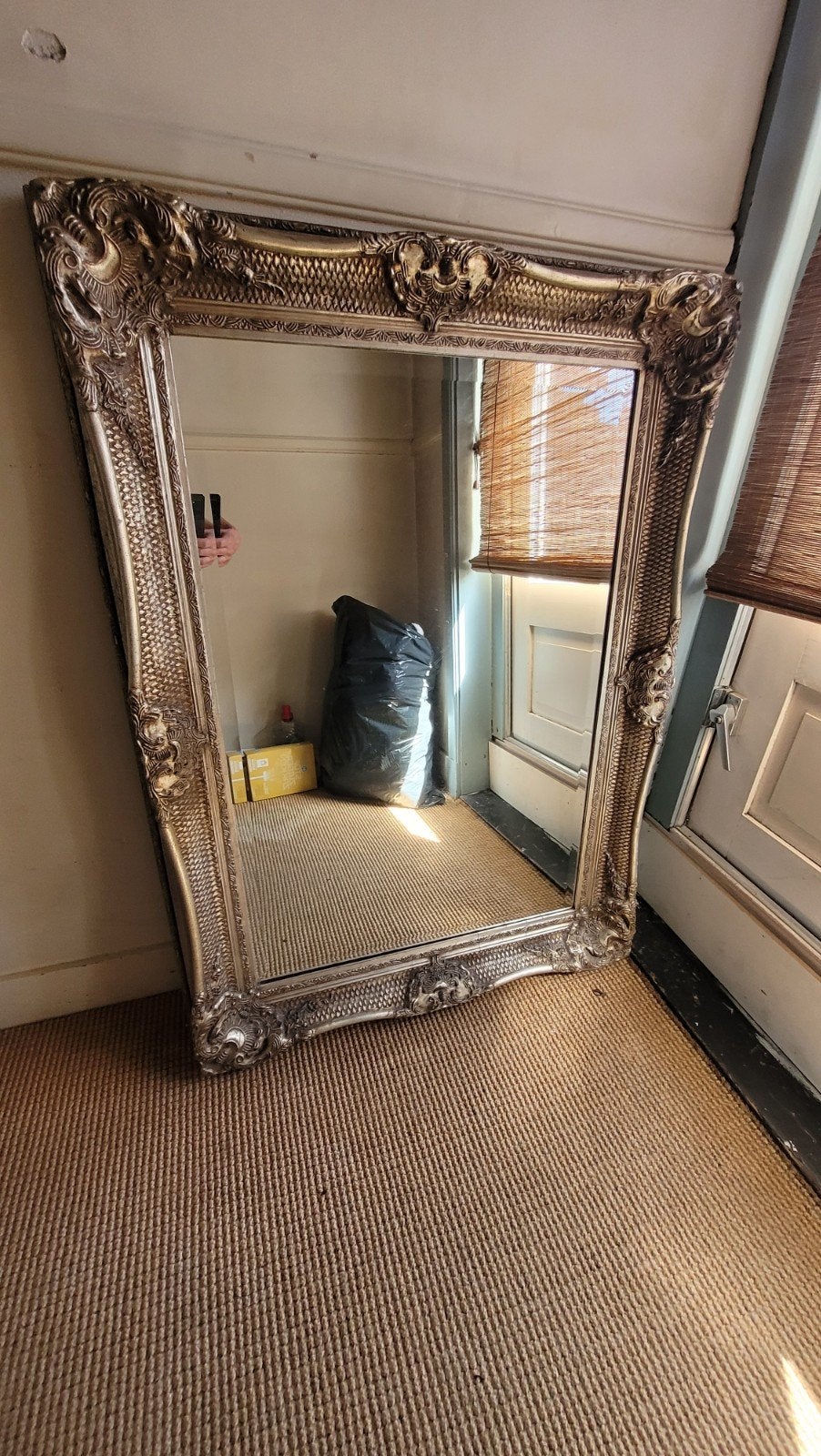 Mooie grote spiegel, oud zilveren houten lijst met facetspie, Huis en Inrichting, Ophalen, Zo goed als nieuw, Rechthoekig, 100 tot 150 cm