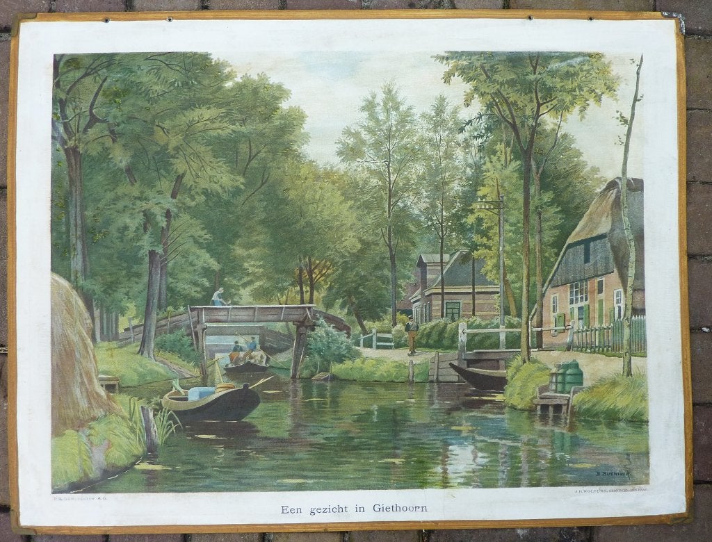 Oude schoolplaat van Giethoorn met punters, Ophalen of Verzenden, Stad- en Dorpsgezichten