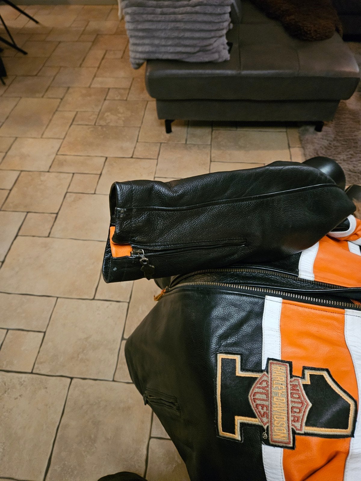 Harley-Davidson Leren Motorjas - Zwart/Oranje, Kleding | Heren, Zwart, Overige maten, Ophalen of Verzenden, Zo goed als nieuw