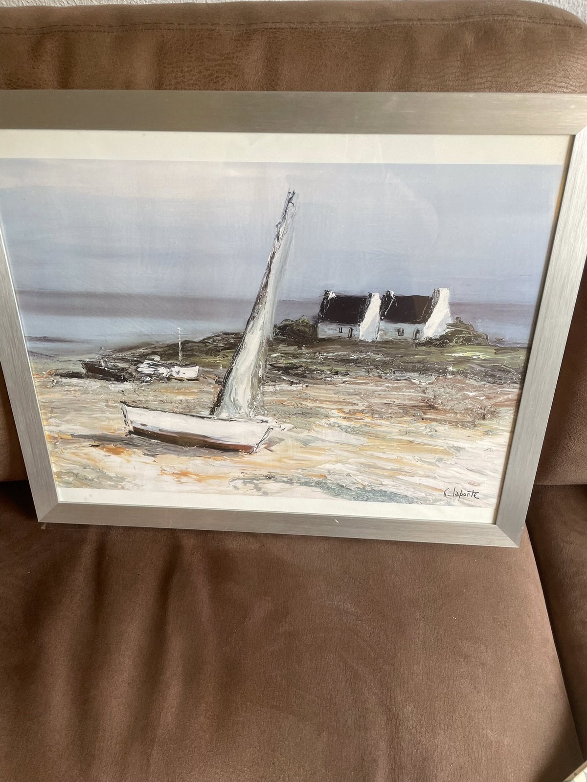 Zeegezicht Bretagne  in mooie zilverkleurige lijst, Antiek en Kunst, Ophalen, Impressionistisch, Print, Ingelijst