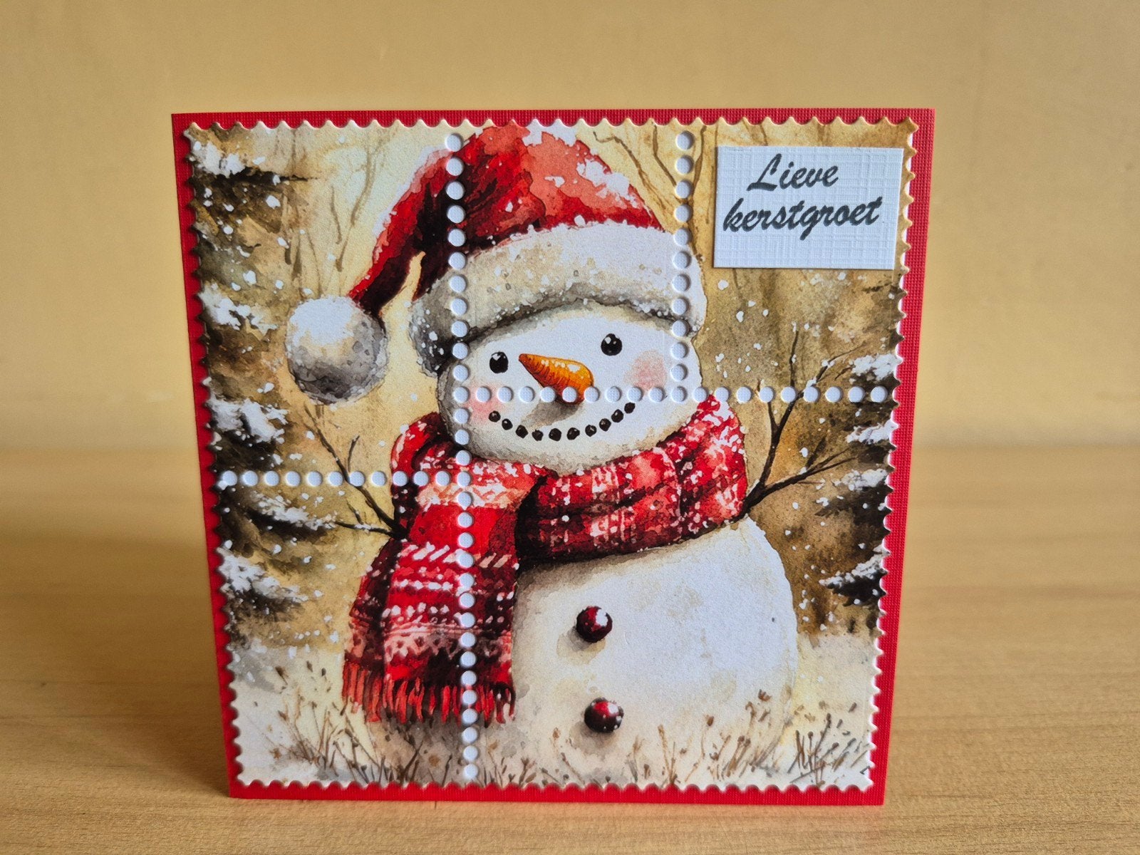 484a) zelfgemaakte kaart- postzegel- winter (sneeuwpop), Hobby en Vrije tijd, Ophalen of Verzenden, Nieuw, Kerst