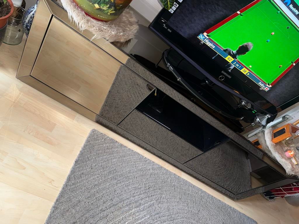 Moderne TV-kast met 2 kasten en 1 lade, Ophalen, Gebruikt, 100 tot 150 cm, Glas
