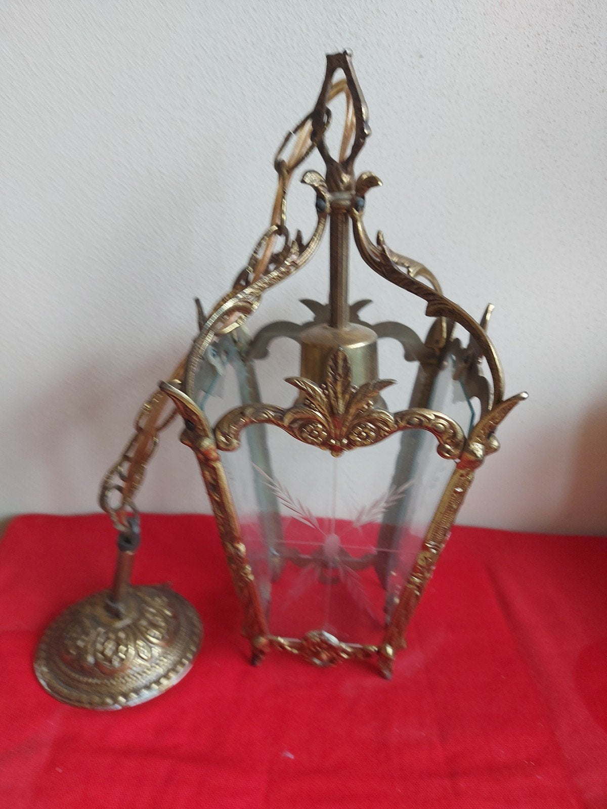 Antieke messing hanglamp met geëtst glas, Ophalen of Verzenden