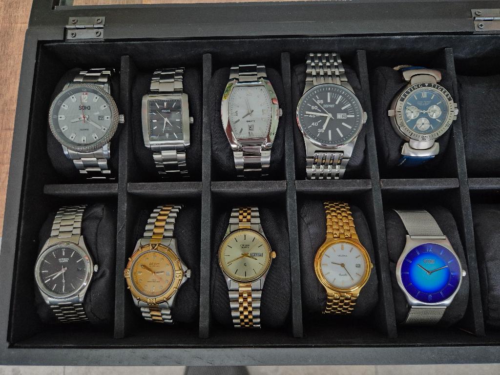 Kist met 10 heren horloge, Overige merken, Leer, Polshorloge, Ophalen of Verzenden
