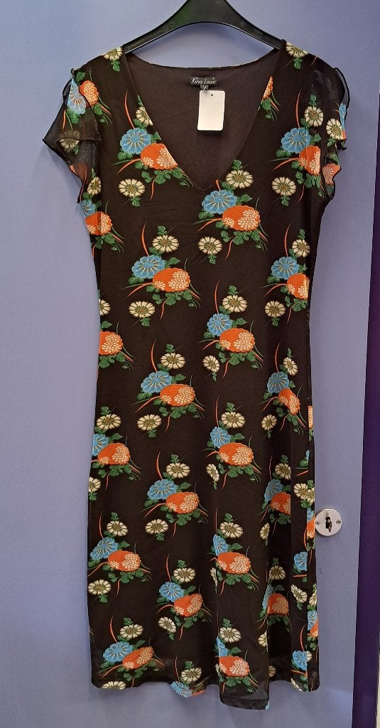 King Louie jurk zwart met blauw oranje bloemen mt M-L 48136, ., Zwart, Maat 42/44 (L), Ophalen of Verzenden