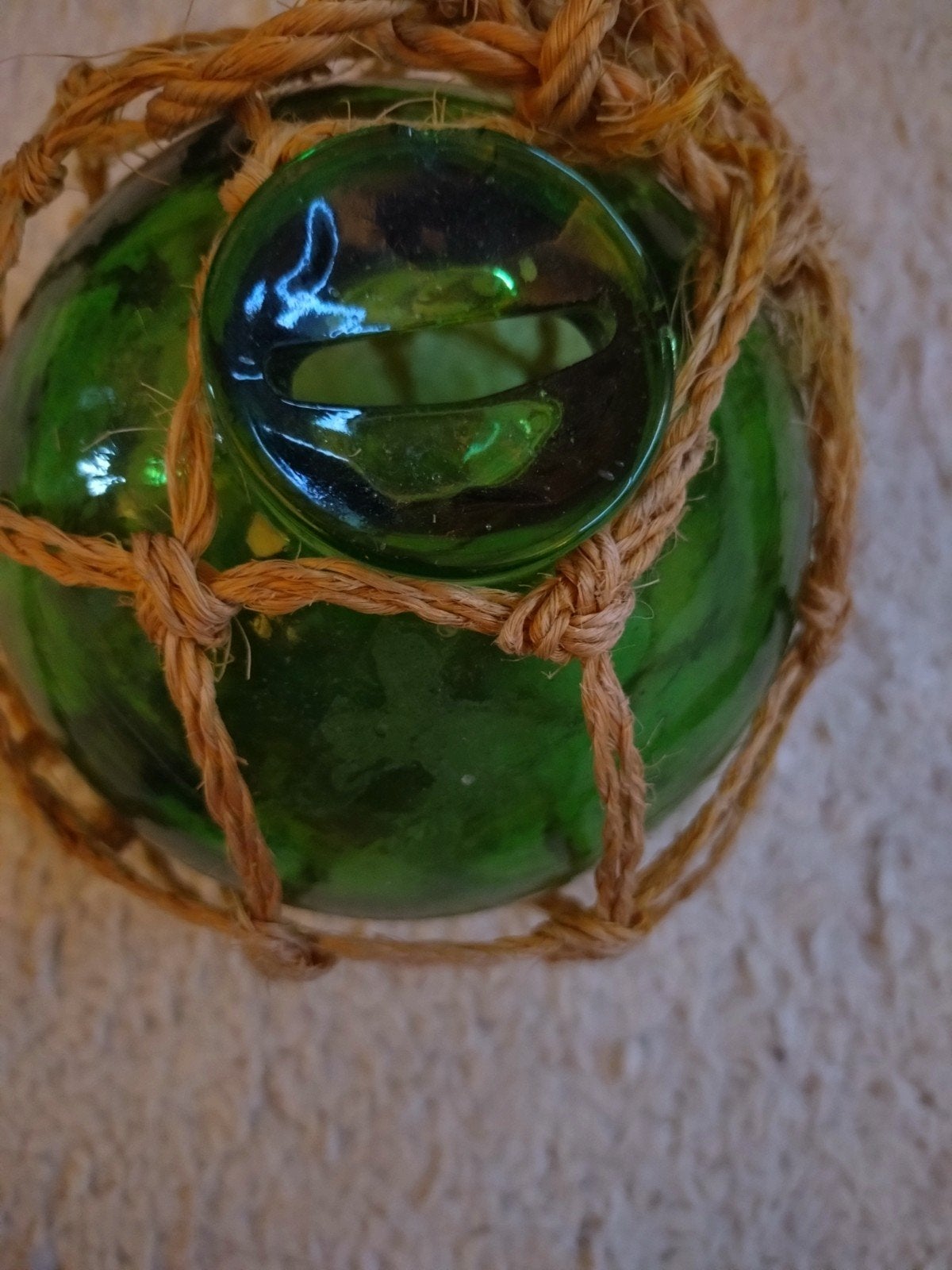 Vintage Glazen Spaarpot Groen met Touwnet, Ophalen of Verzenden