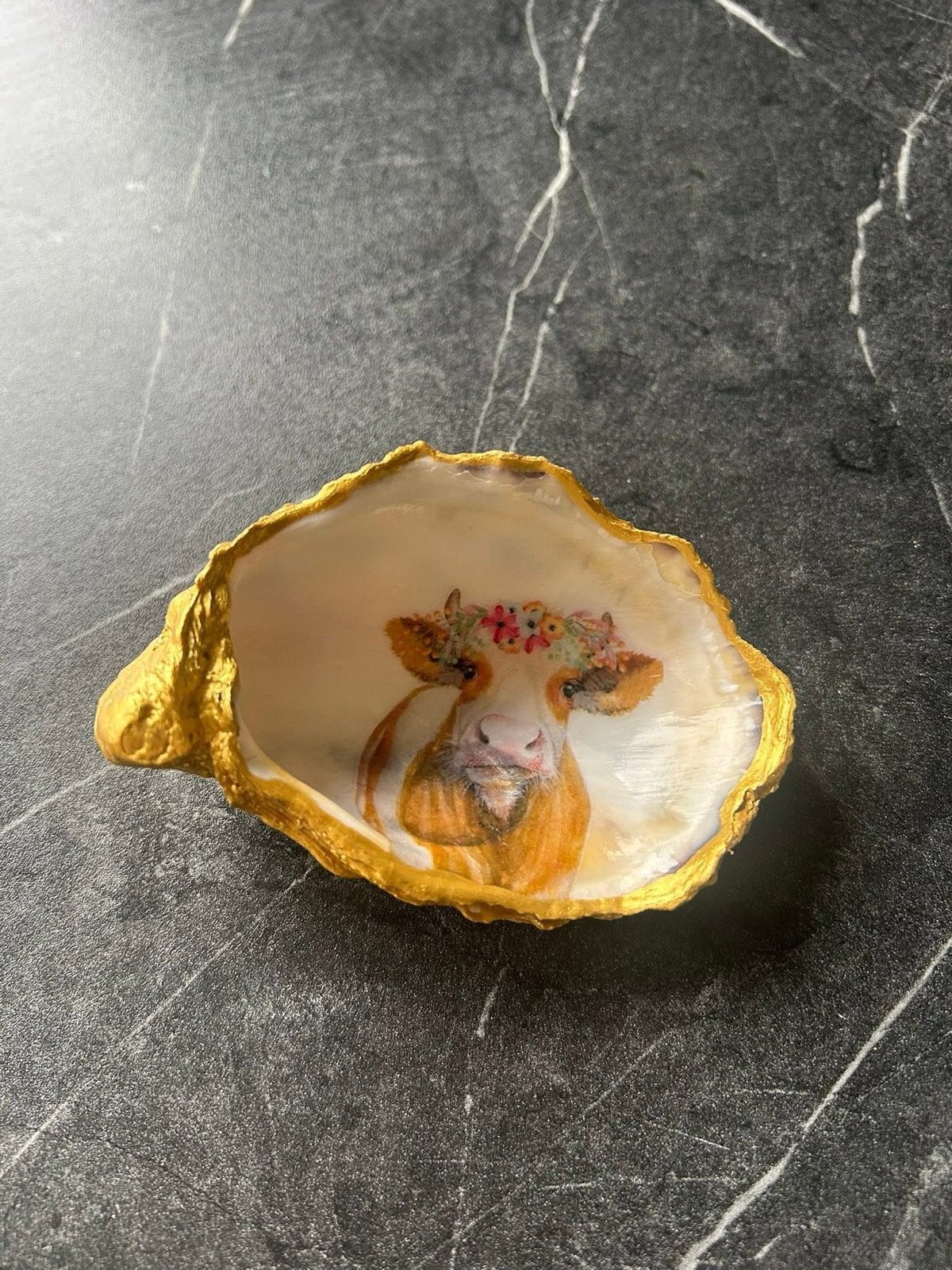 Oesterschelp met vrolijke koe koeien stieren decoratiestuk, Meerkleurig, Nieuw, Ophalen of Verzenden, Landelijk